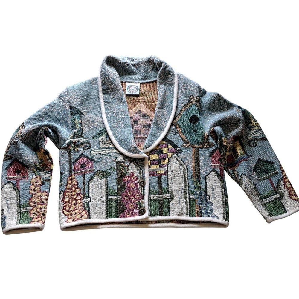 Vintage Sugar Street Weavers Birdhouse Tapestry  Knit Cardigan Jacket Women's XL